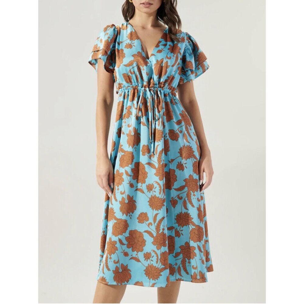 SugarLips Belmont Floral Surplice Blue Brown Satin Short Sleeve Midi Dress Large